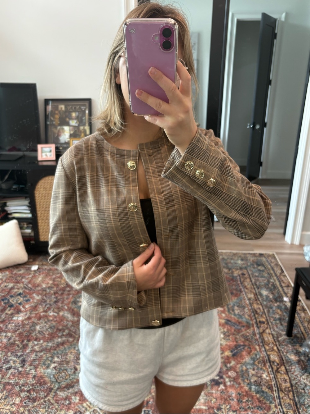 Ted Baker Brown and Cream Plaid Cropped Blazer with Gold Buttons